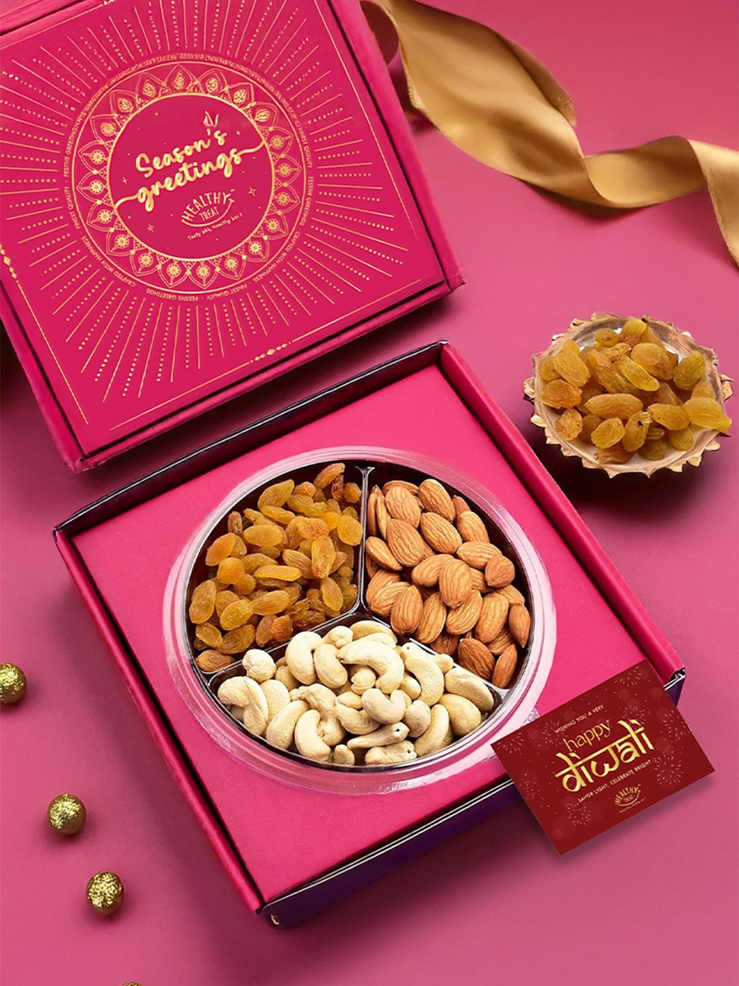 

Healthy Treat Set Of 4 Diwali Hamper With Greeting Card, Pink