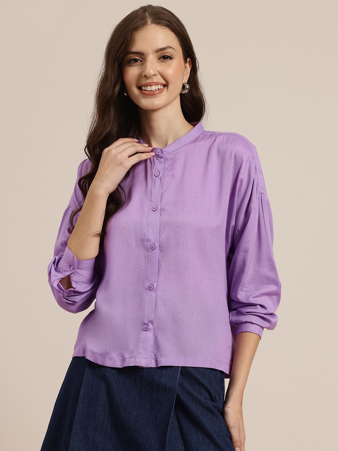 

HERE&NOW Women Band Collar Casual Shirt, Purple