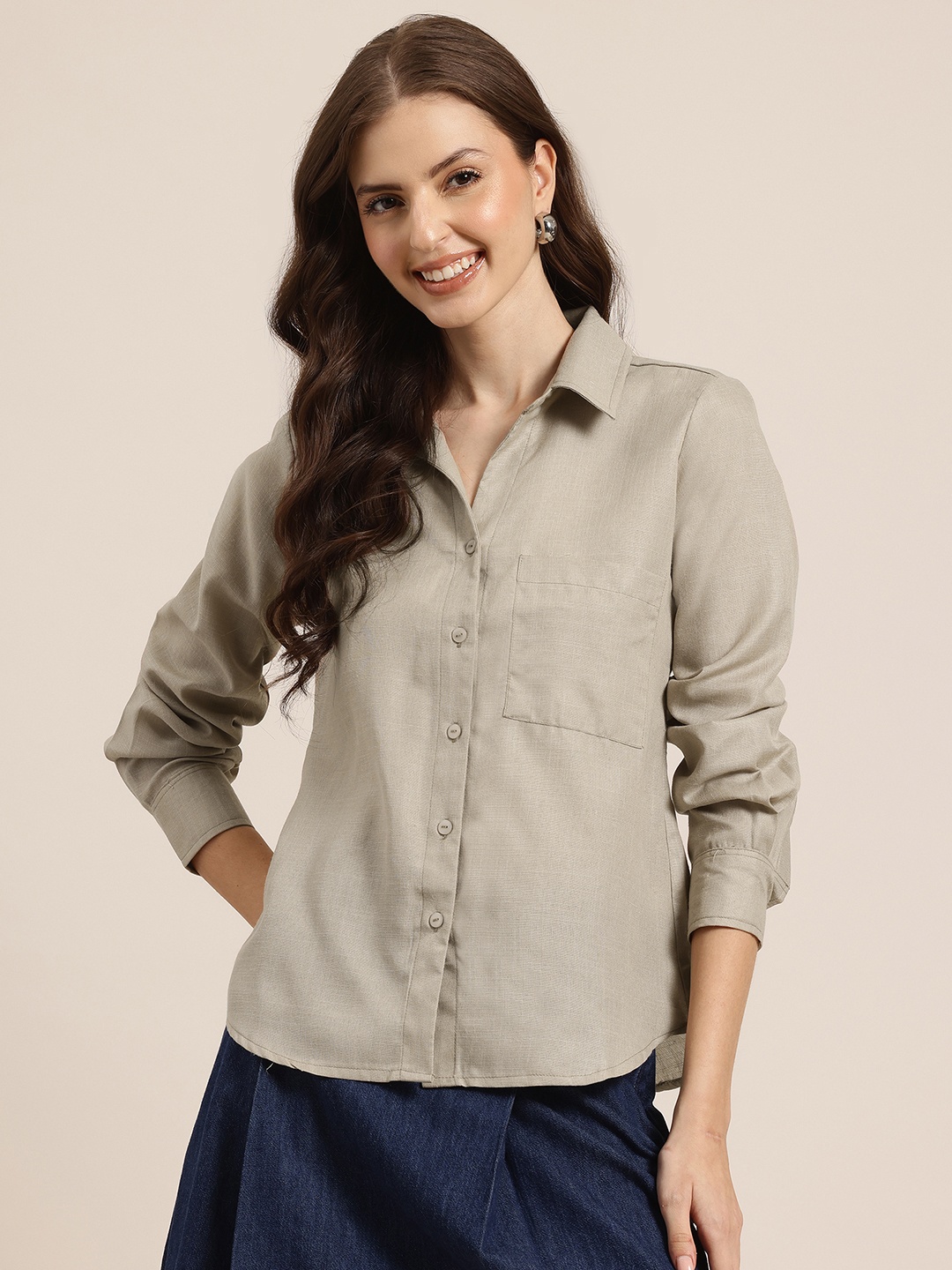 

HERE&NOW Women Pure Cotton Casual Shirt, Taupe