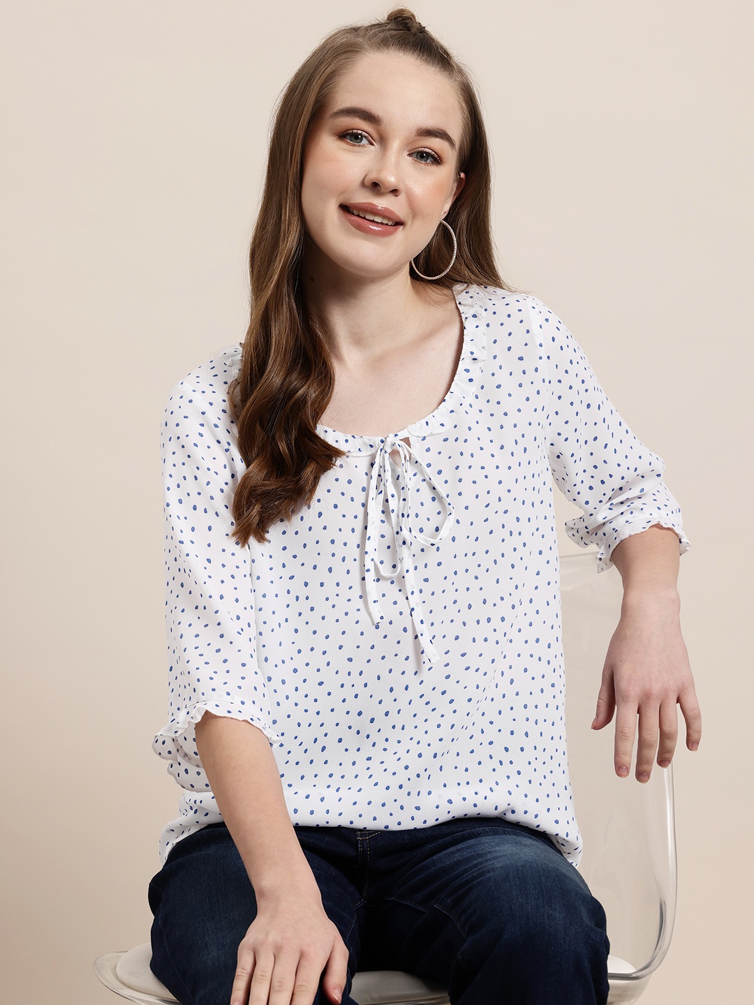 

HERE&NOW Polka Dots Printed Tie-Up Neck Top, White