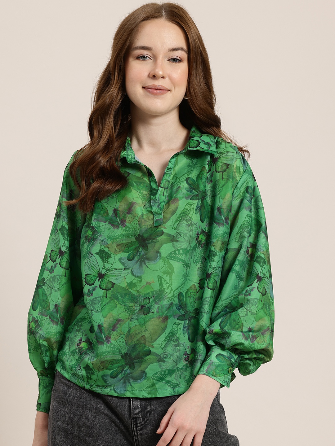 

HERE&NOW Floral Print Shirt Style Top, Green