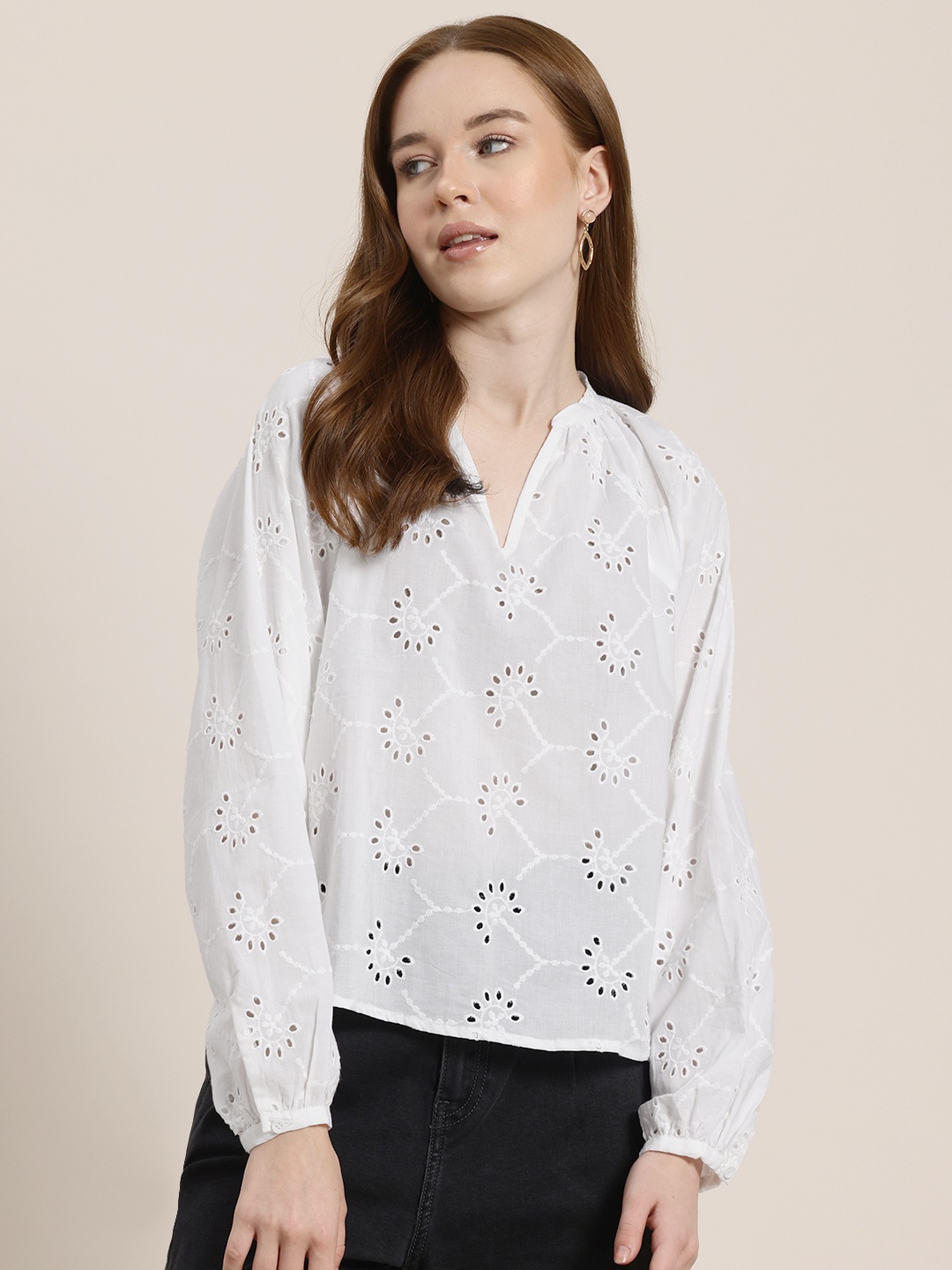 

HERE&NOW Schiffli Embroidered Puff Sleeves Cotton Top, White