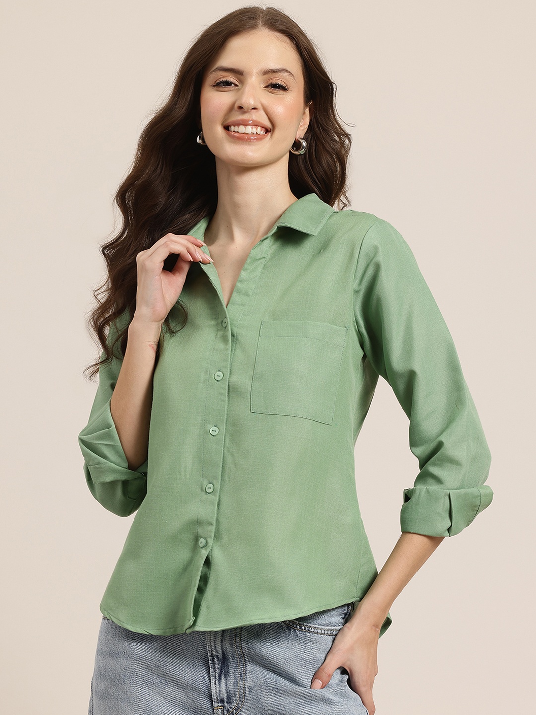 

HERE&NOW Women Pure Cotton Casual Shirt, Green