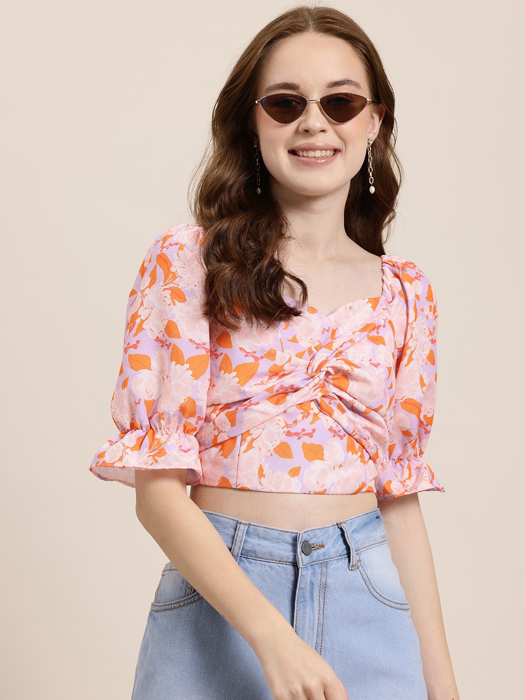

HERE&NOW Floral Print Sweetheart Neck Twisted Crop Top, Pink