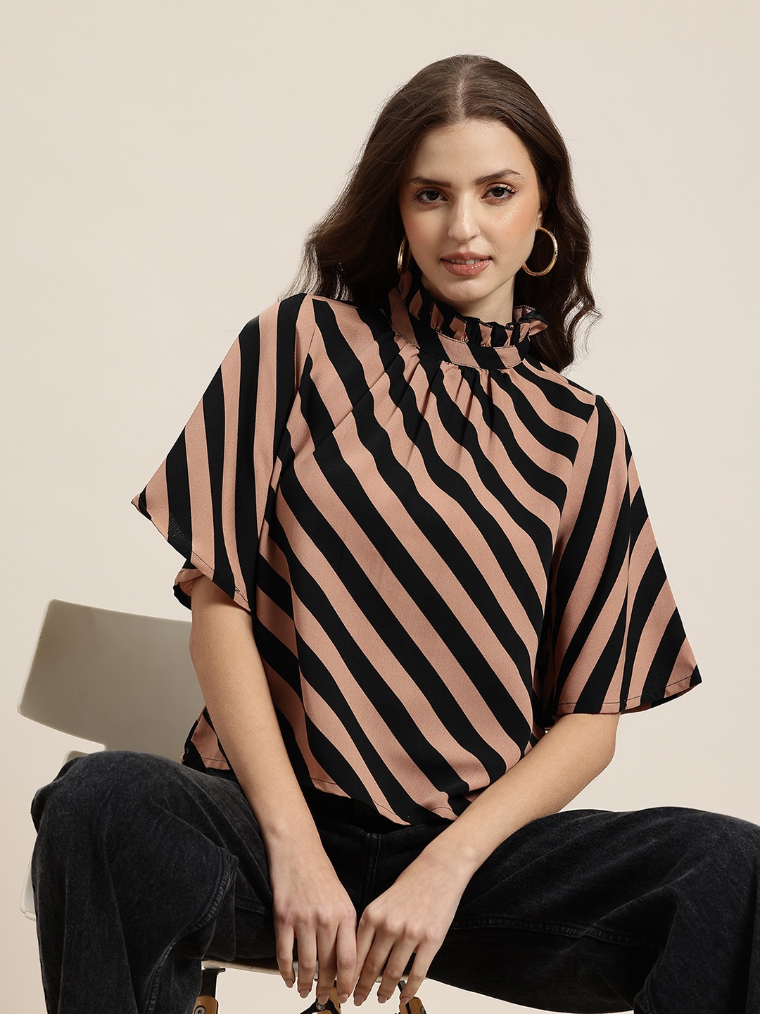 

HERE&NOW Striped Flared Sleeves Top, Brown