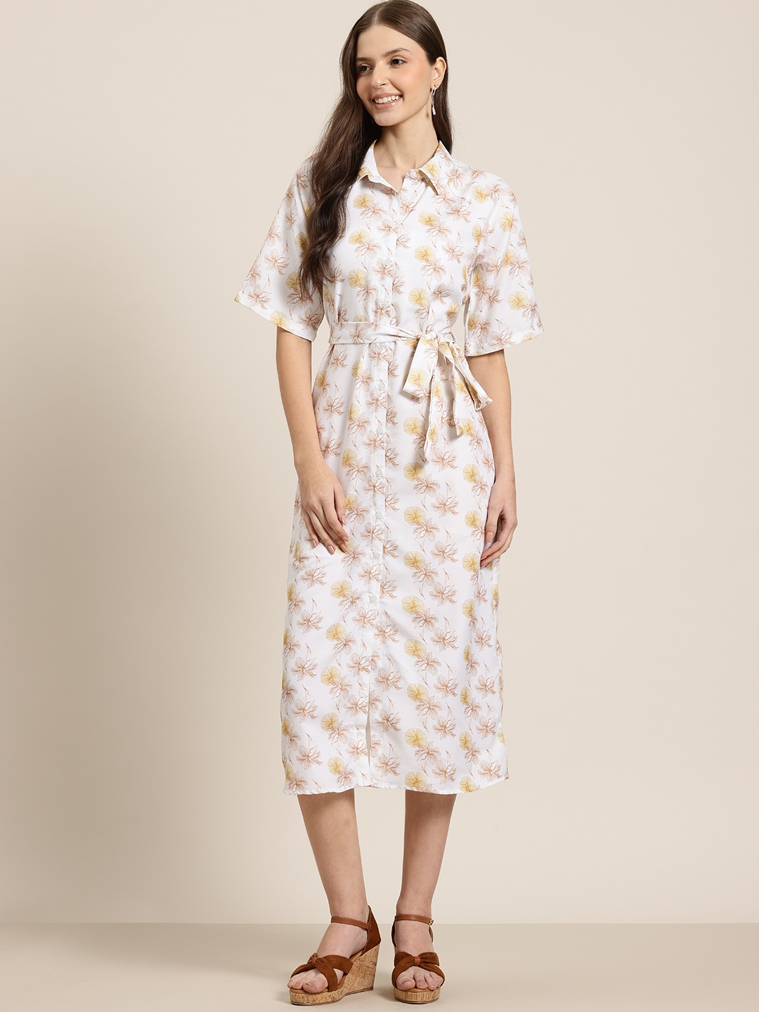 

HERE&NOW Floral Print Shirt Midi Dress with Belt, Off white