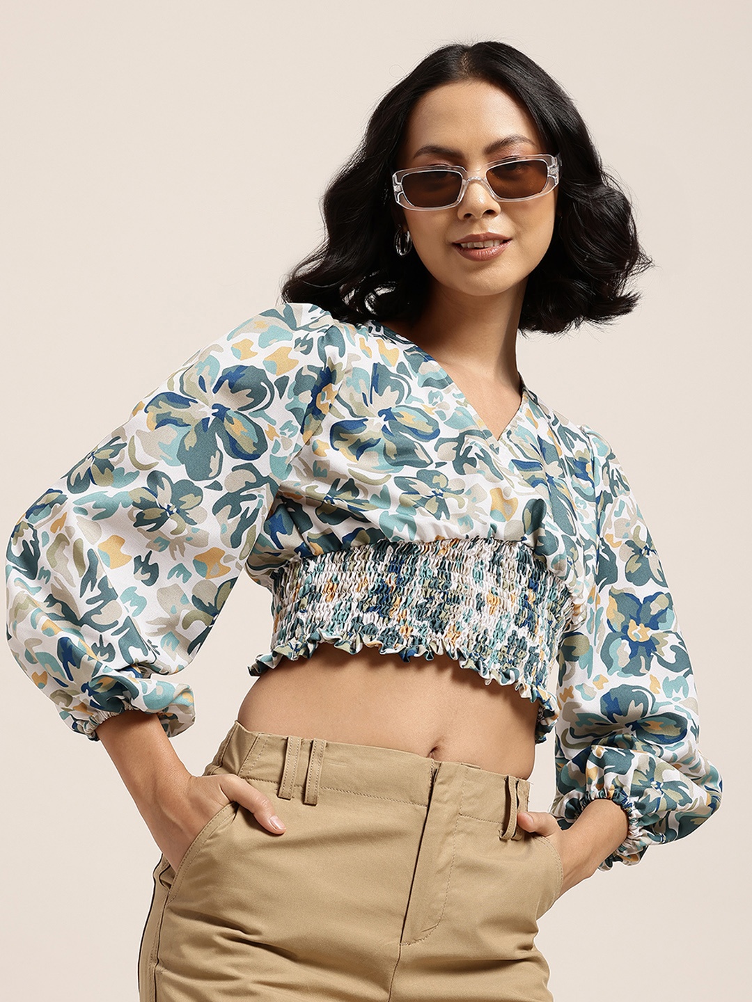 

HERE&NOW Floral Print Smocked Crop Top, Off white