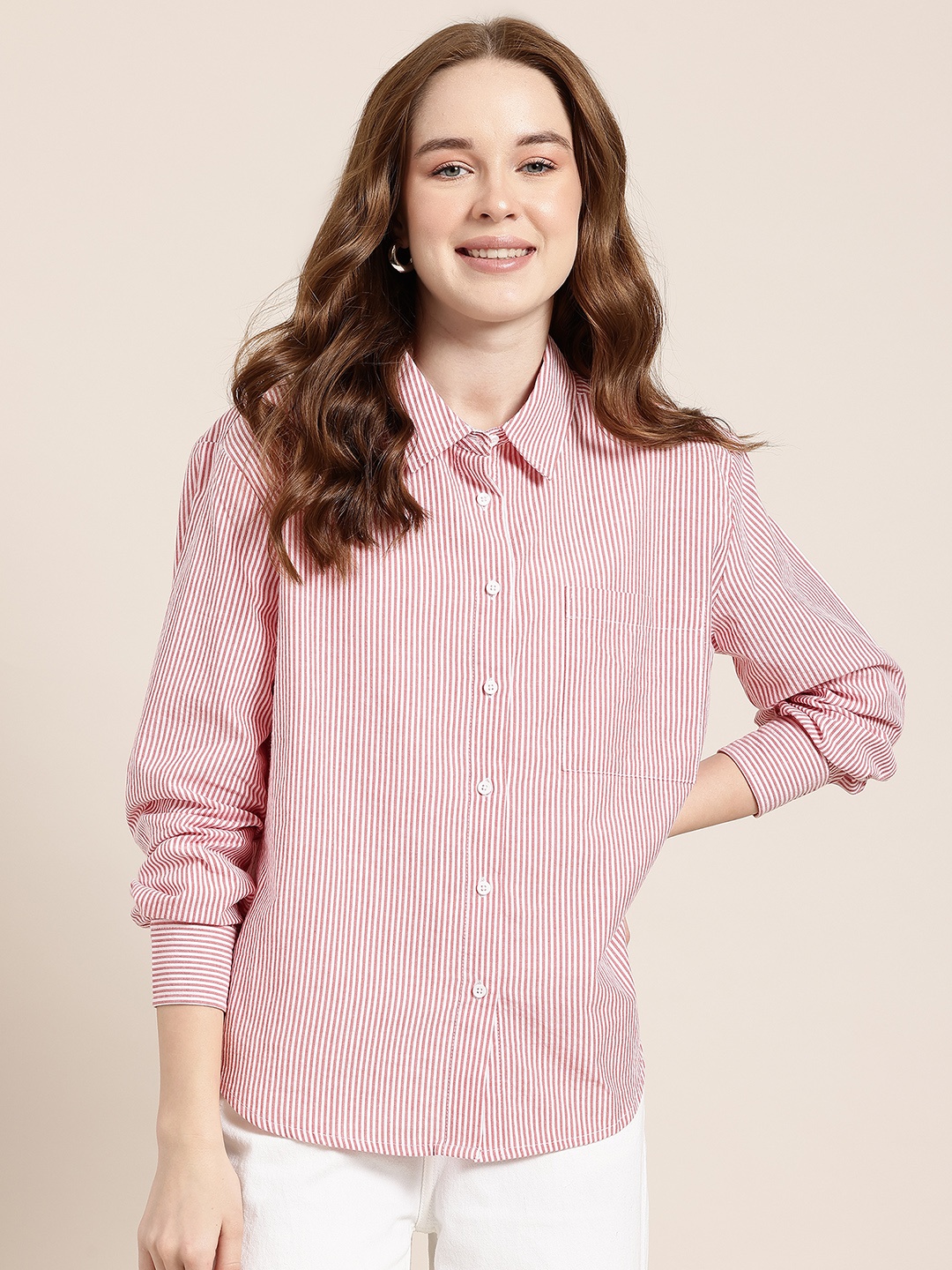 

HERE&NOW Opaque Striped Casual Shirt, Pink