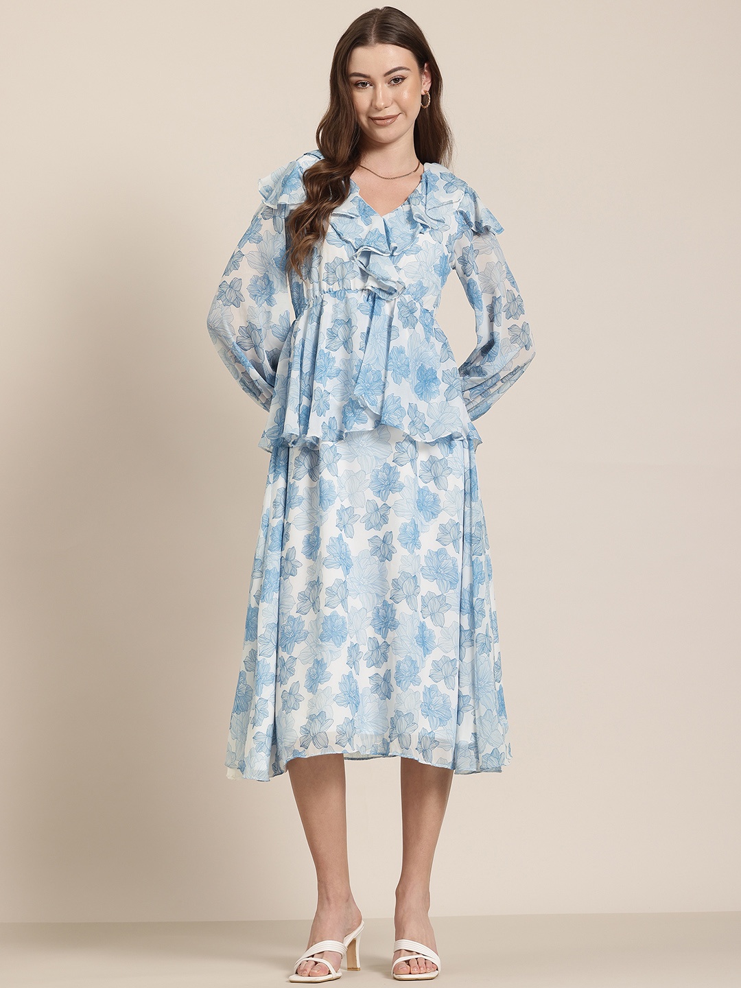 

HERE&NOW Floral Print Layered A-Line Midi Dress, Blue