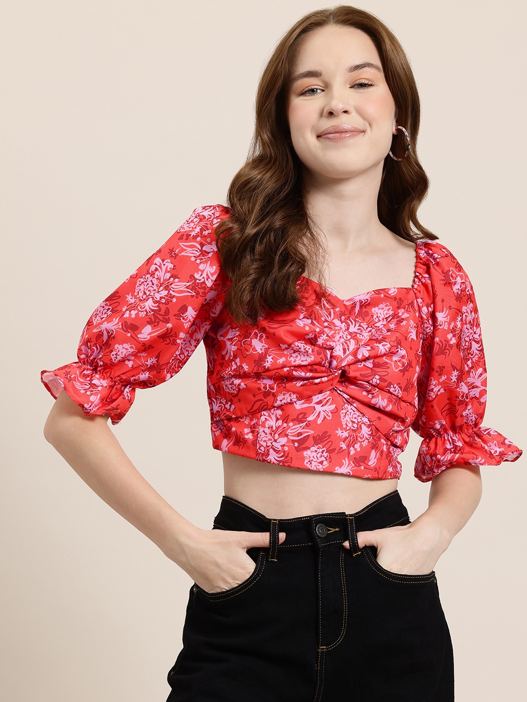 

HERE&NOW Floral Print Sweetheart Neck Twisted Crop Top, Red