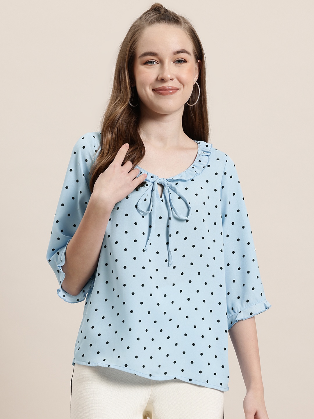 

HERE&NOW Polka Dots Printed Tie-Up Neck Top, Blue