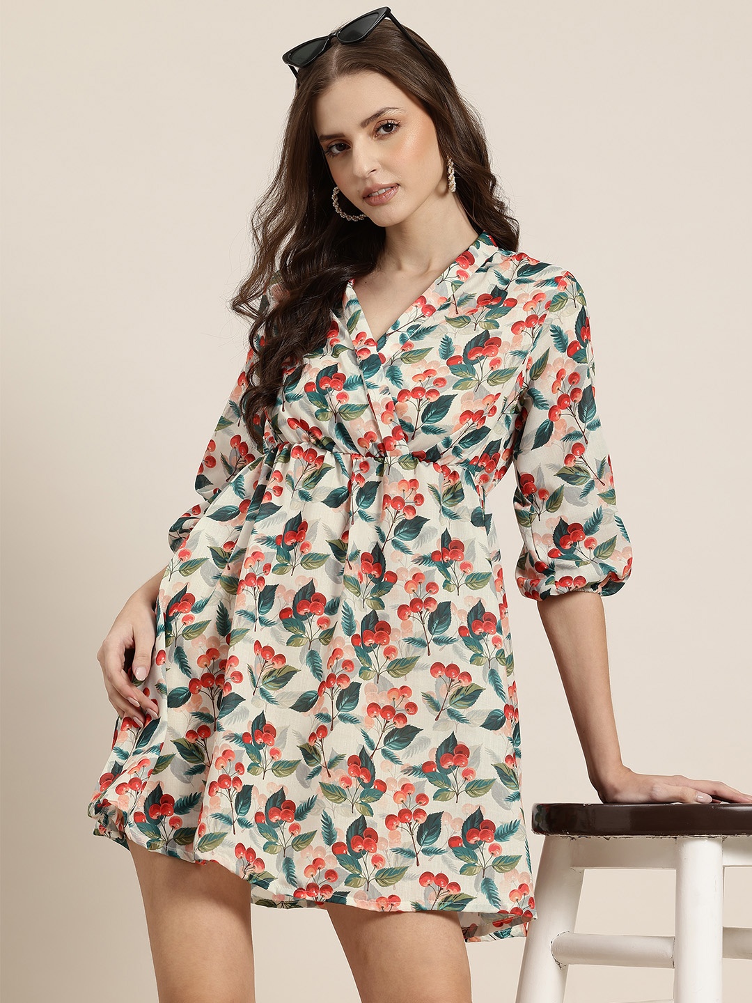 

HERE&NOW Floral Print Puff Sleeve Empire Mini Dress, Beige