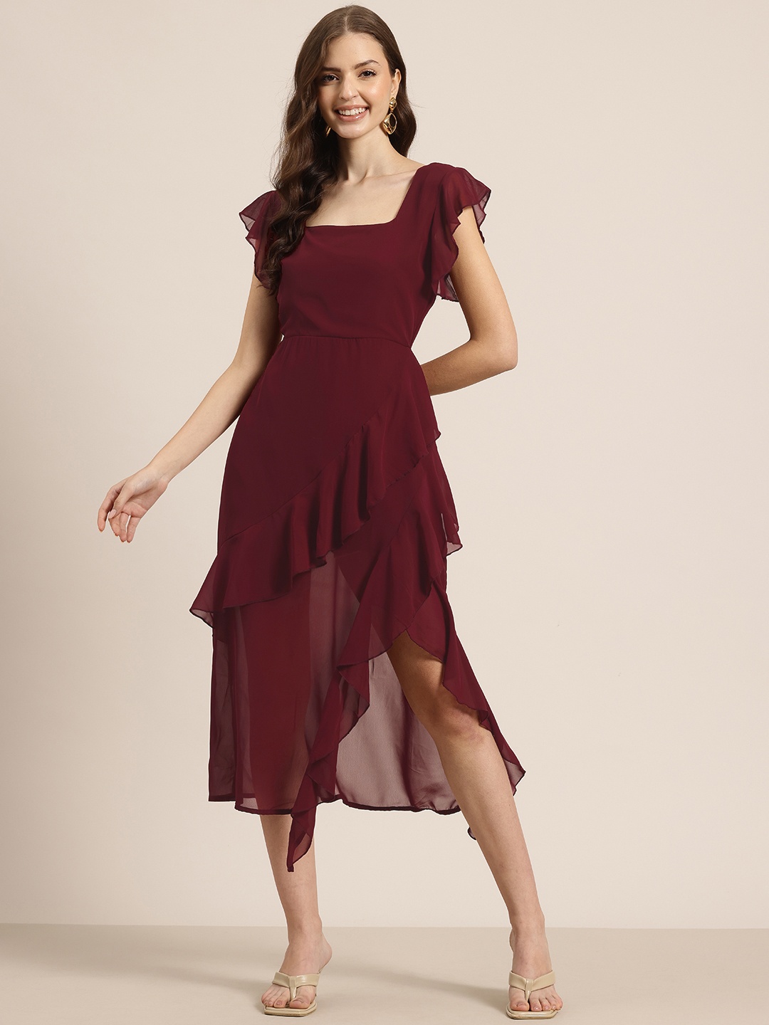 

HERE&NOW Flutter Sleeves Ruffled Side Slit Fit and Flare Midi Dress, Burgundy