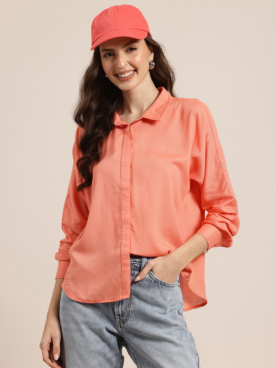 

HERE&NOW Women Solid Casual Shirt, Coral