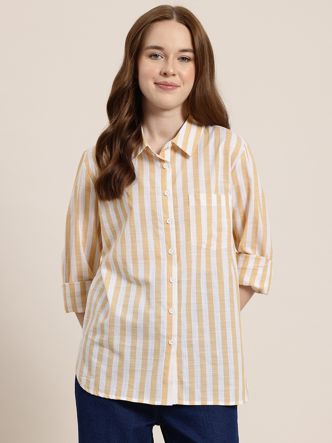 

HERE&NOW Striped Casual Cotton Shirt, Yellow