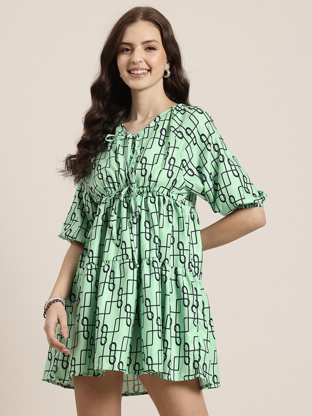 

HERE&NOW Printed Puff Sleeve Empire Mini Dress, Green