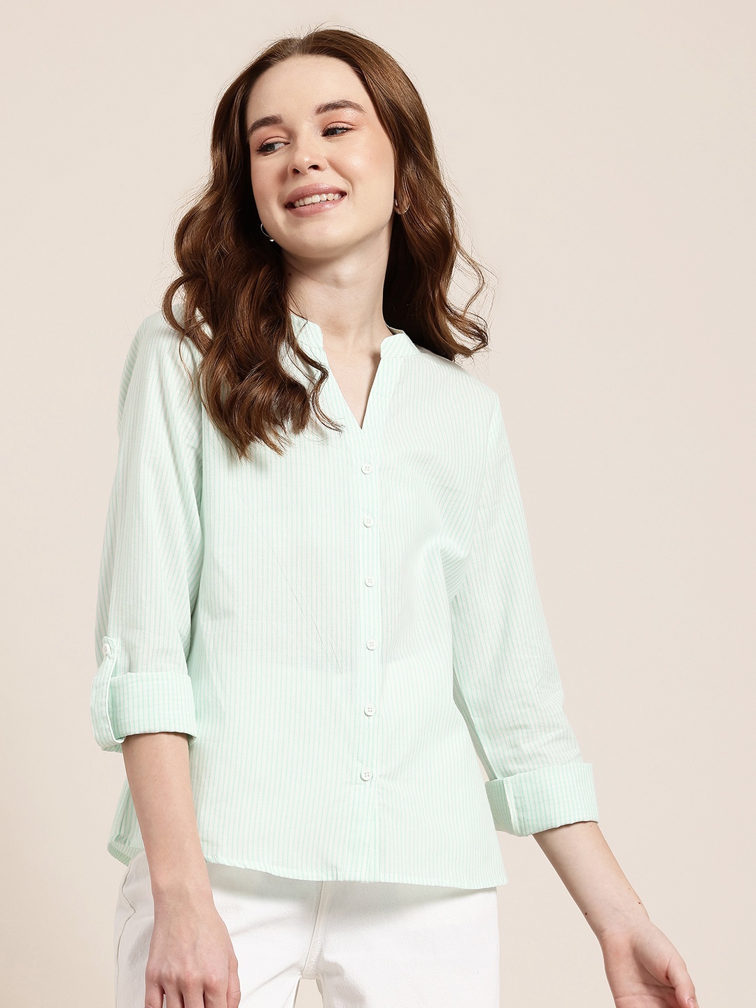 

HERE&NOW Opaque Striped Casual Shirt, Green