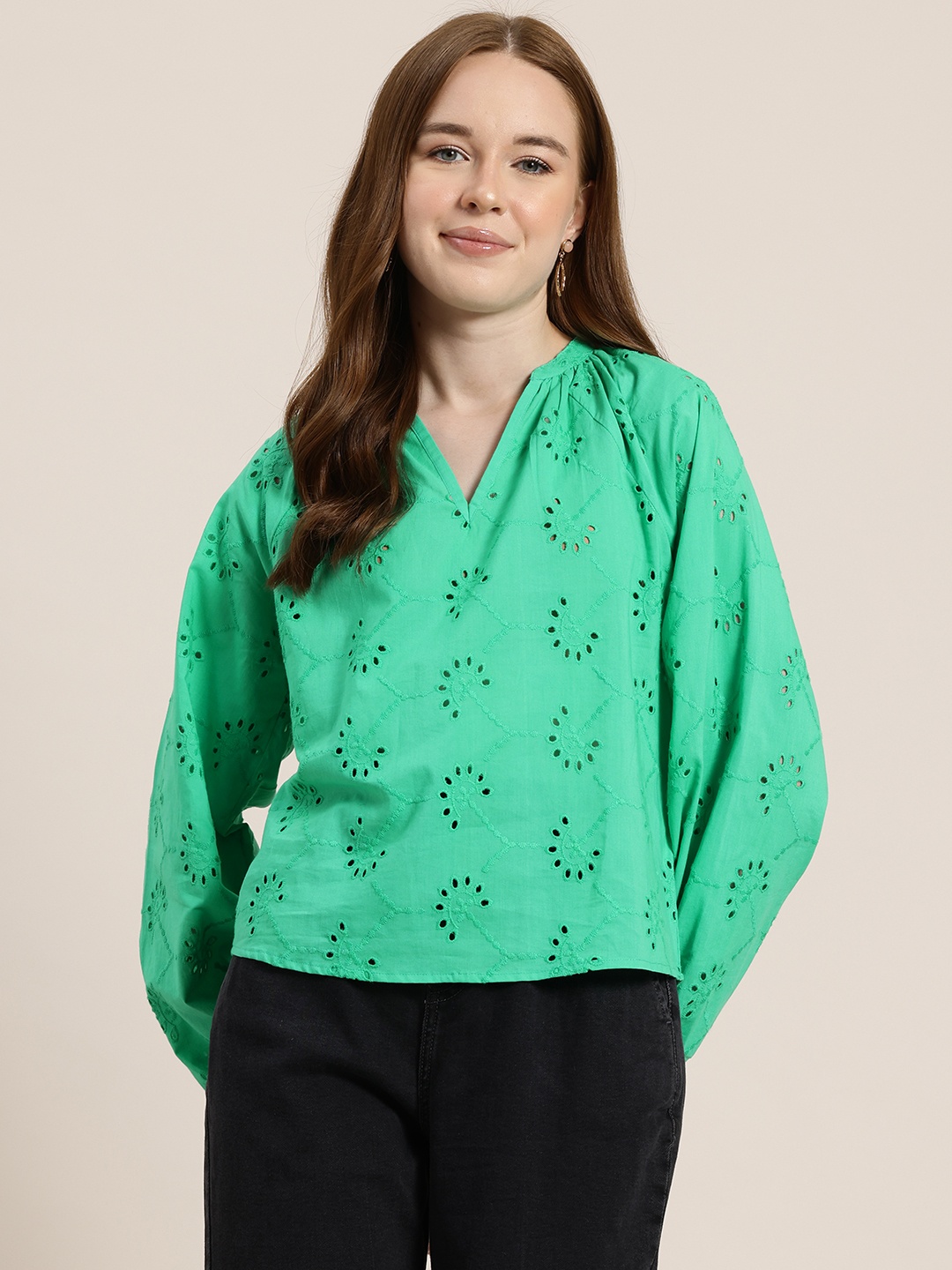 

HERE&NOW Schiffli Embroidered Puff Sleeves Cotton Top, Green