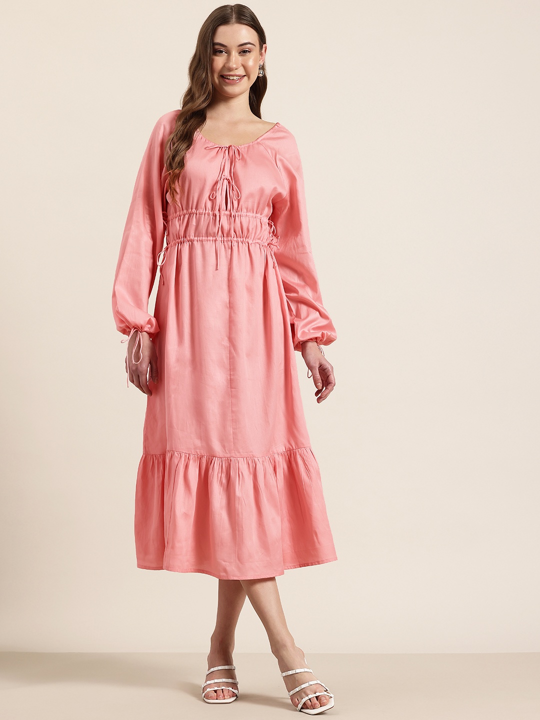 

HERE&NOW Tie-Up Neck Cotton A-Line Midi Dress, Peach