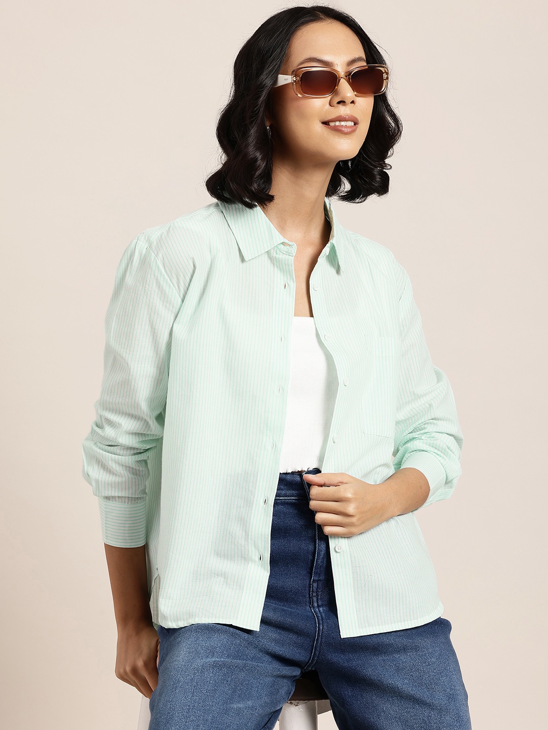 

HERE&NOW Opaque Striped Casual Shirt, Green