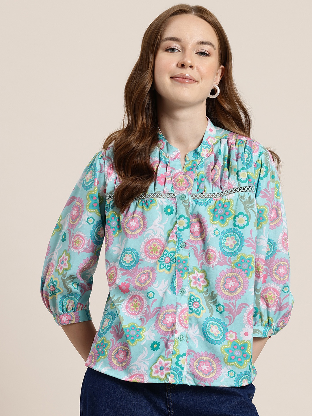 

HERE&NOW Floral Print Mandarin Collar Shirt Style Top, Blue