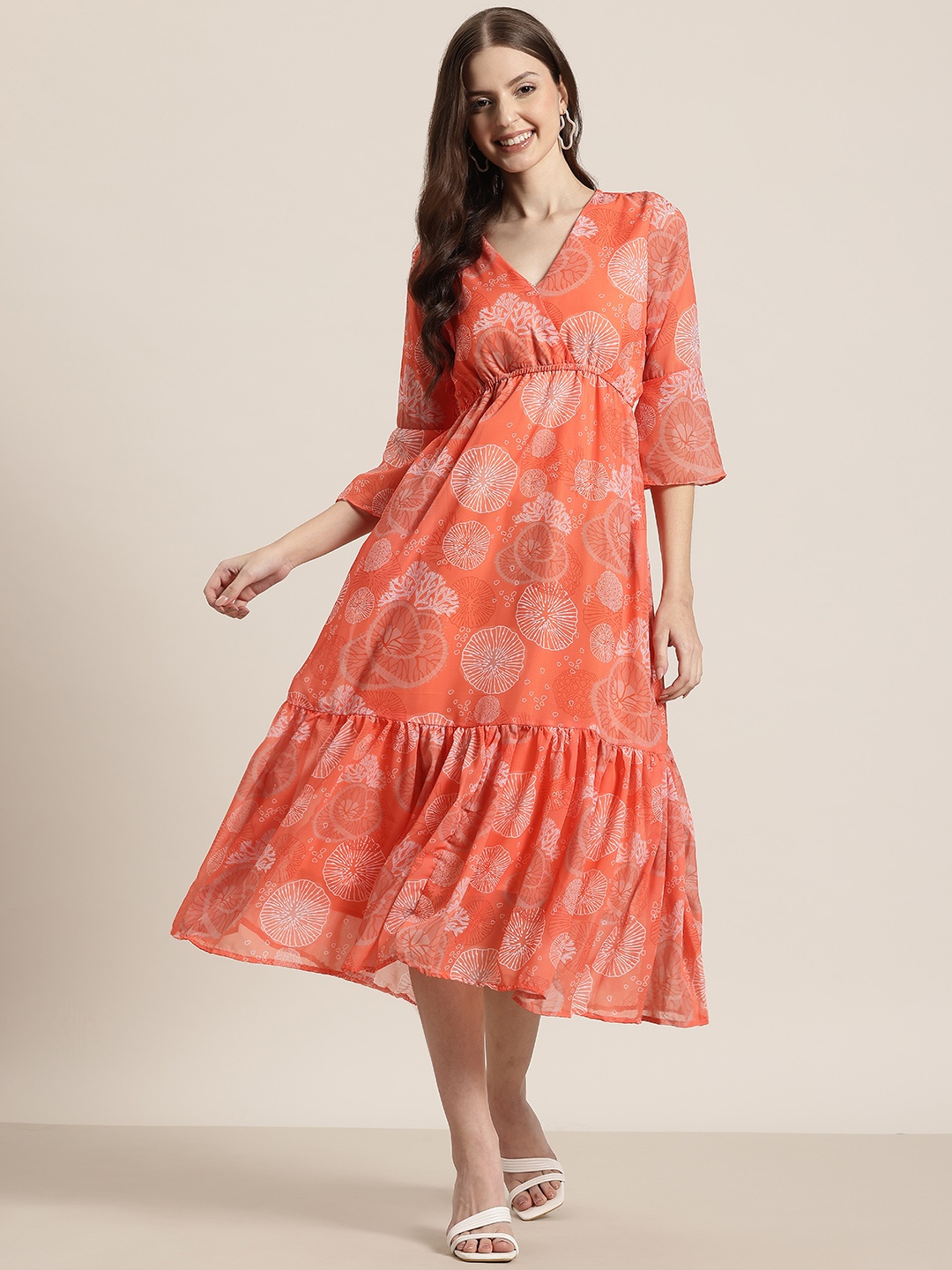 

HERE&NOW Floral Printed Fit & Flare Midi Dress, Orange