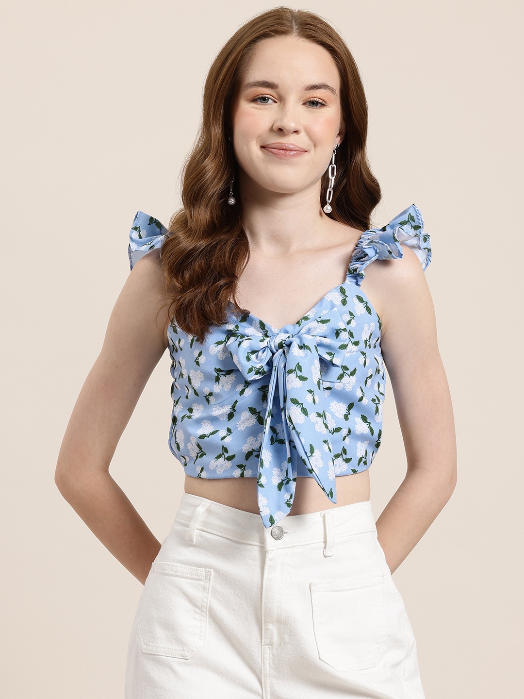 

HERE&NOW Floral Print Flutter Sleeve Smocked Crop Top, Blue