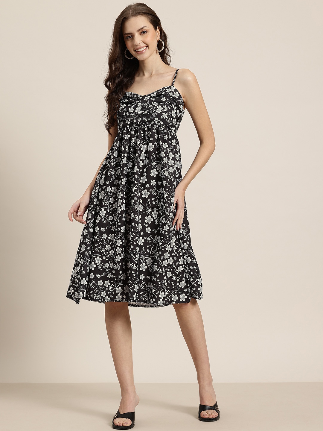 

HERE&NOW Floral Print A-Line Dress, Black