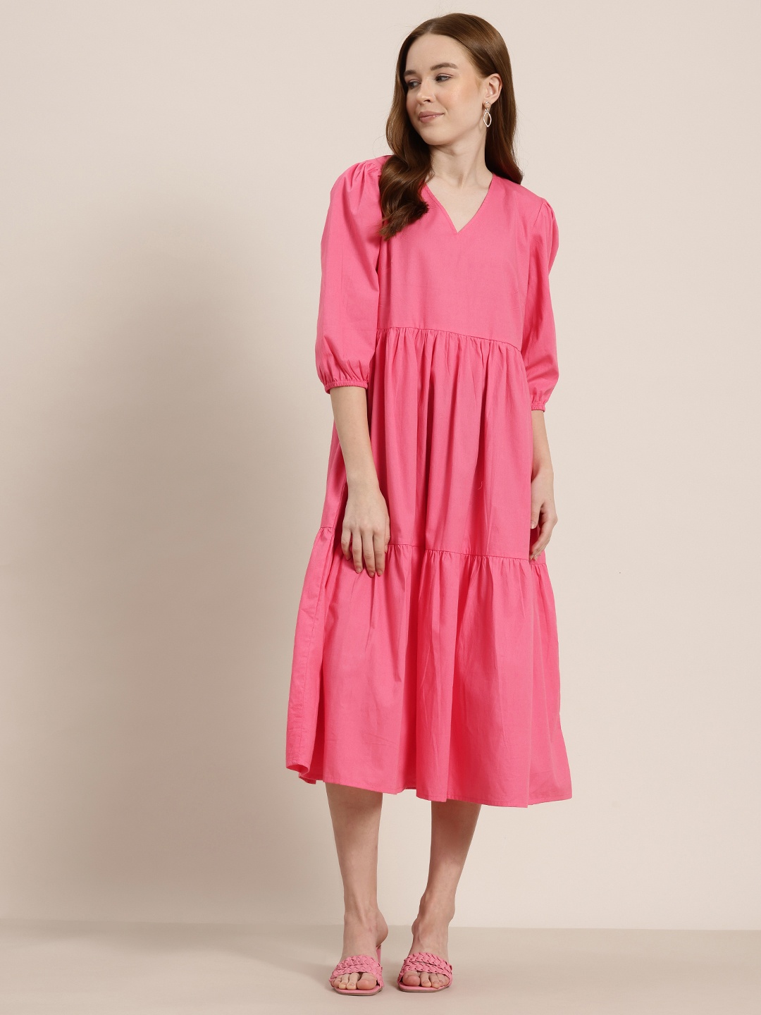 

HERE&NOW Cotton Tiered A-Line Midi Dress, Coral