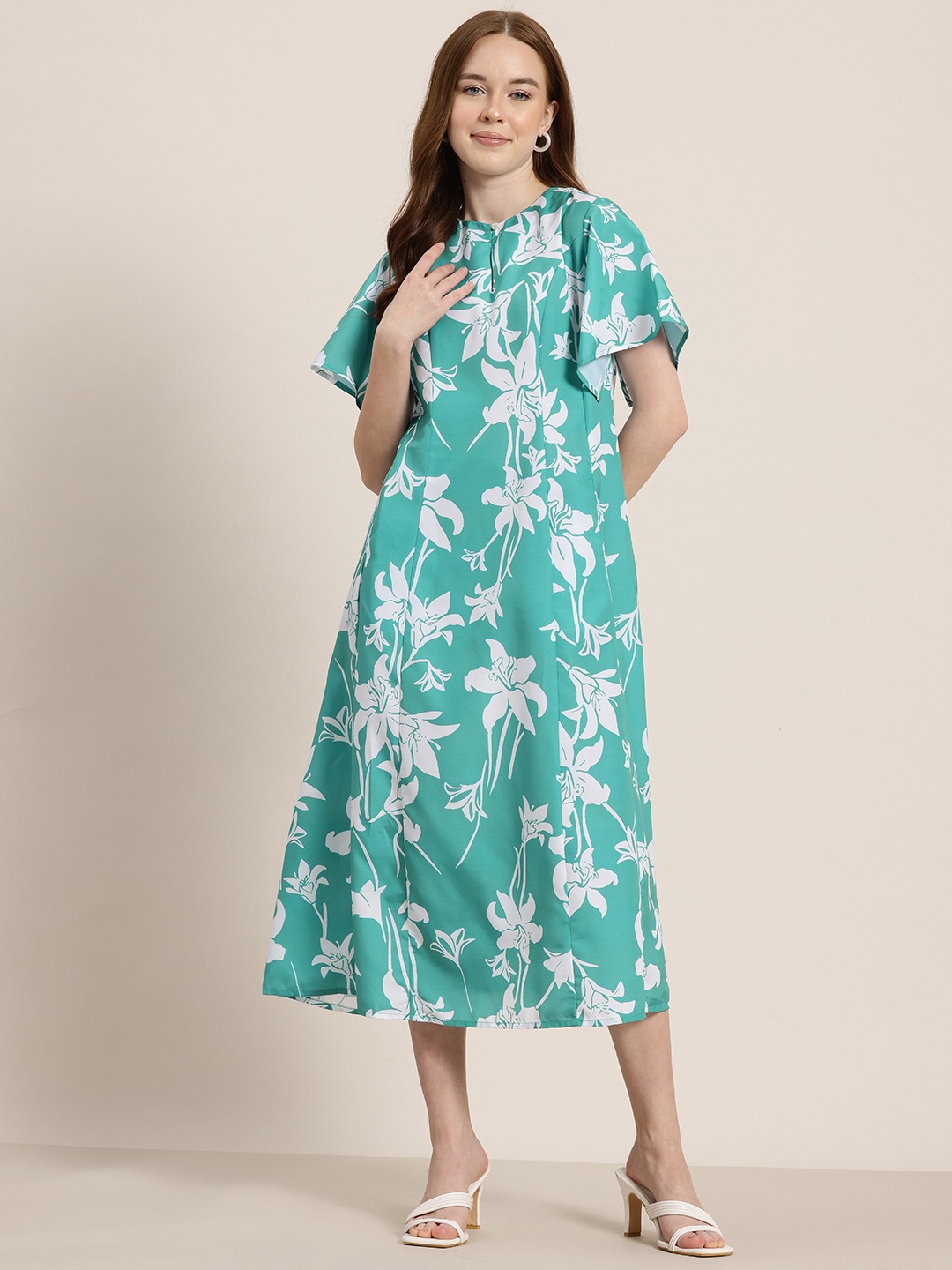 

HERE&NOW Floral Print Keyhole Neck A-Line Midi Dress, Sea green