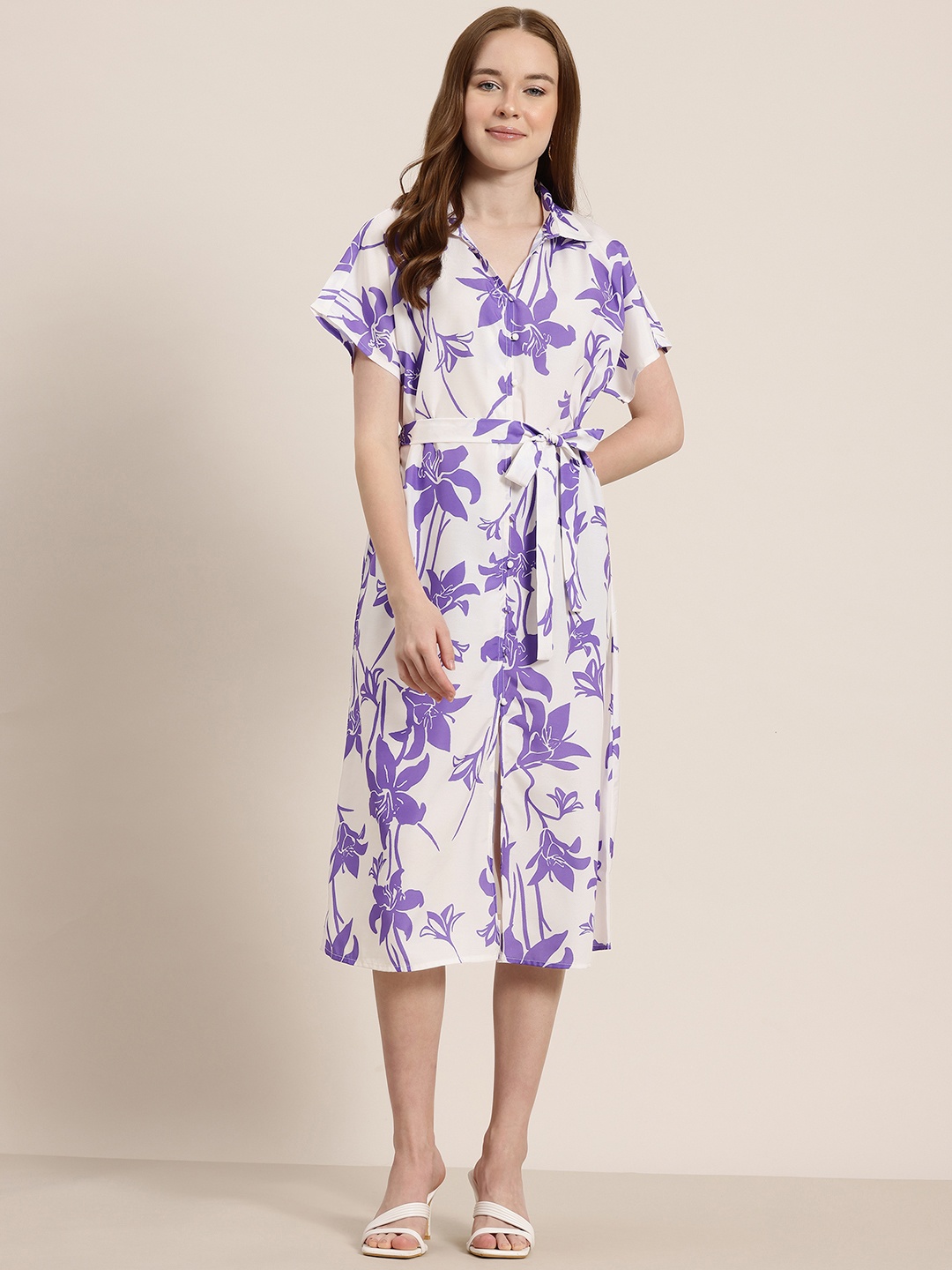 

HERE&NOW Floral Print Shirt Midi Dress with Belt, White