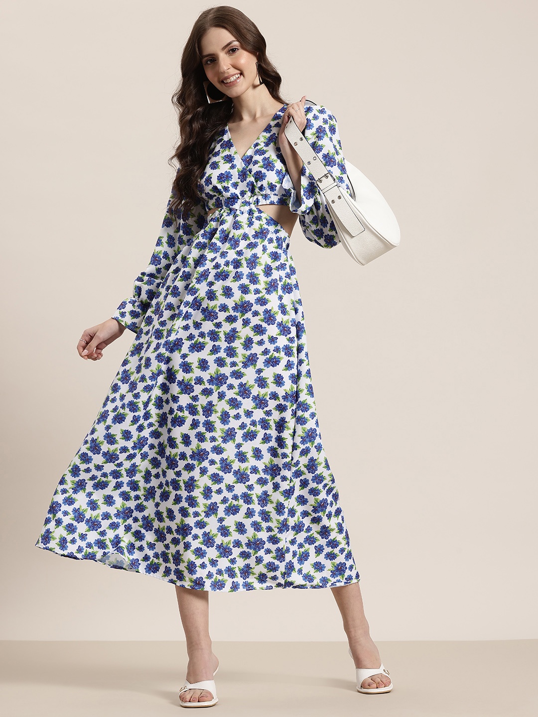 

HERE&NOW Floral Print Cut-Out Detail A-Line Midi Dress, White