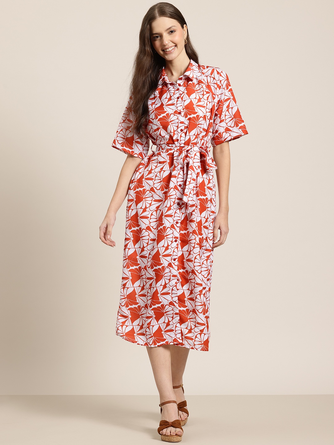 

HERE&NOW Floral Print Shirt Midi Dress with Belt, Red