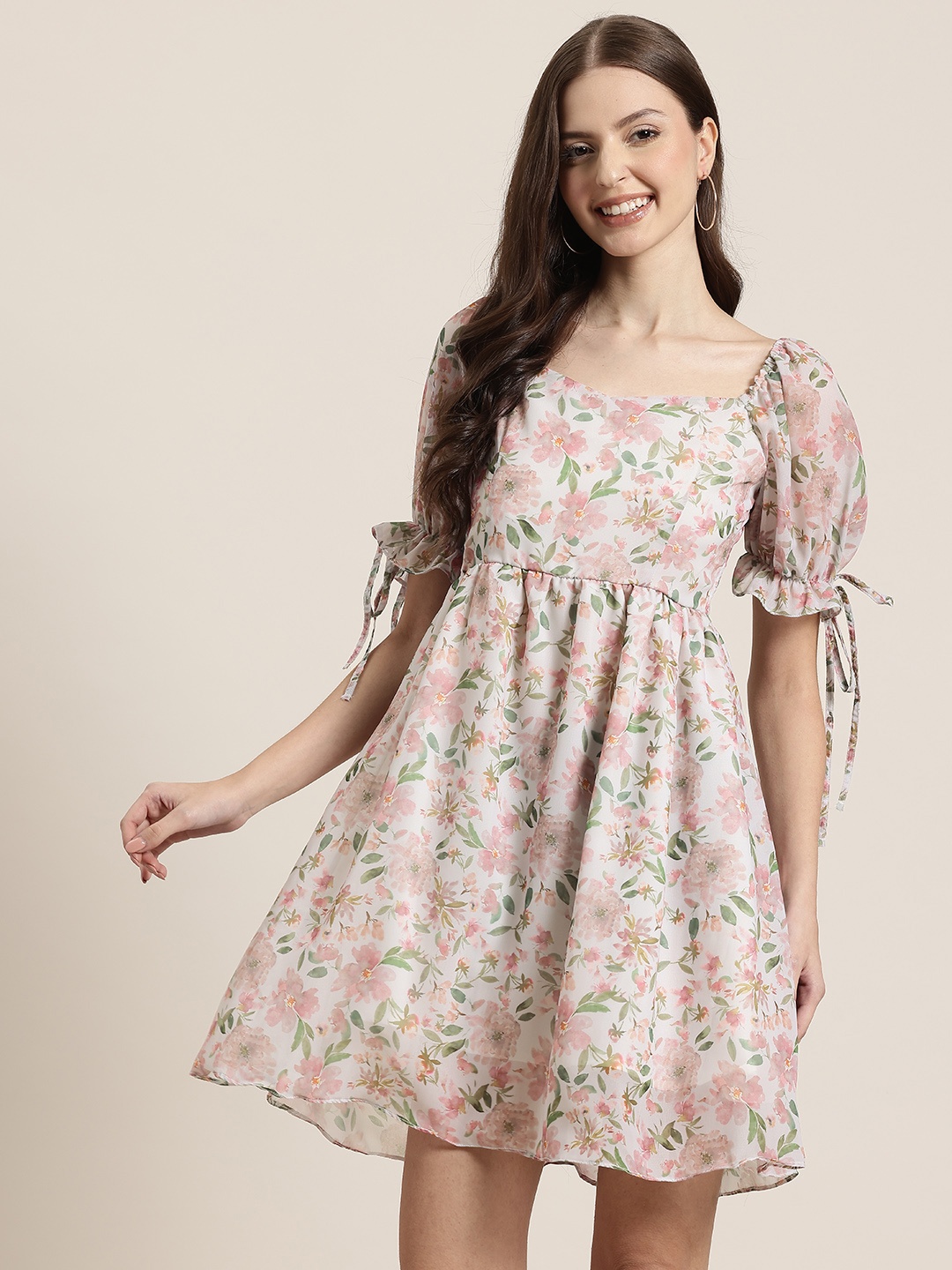 

HERE&NOW Floral Print Puff Sleeve A-Line Mini Dress, White