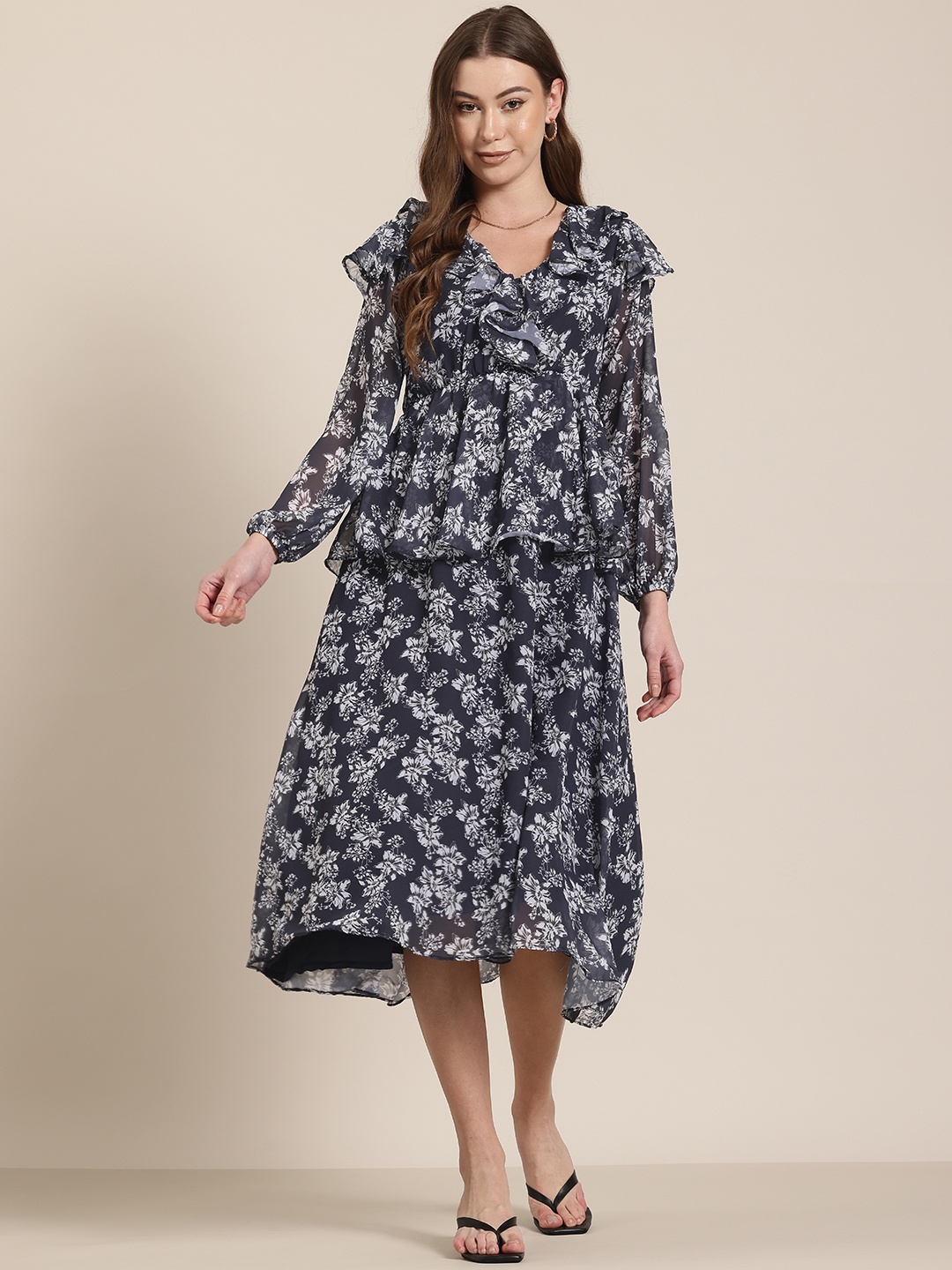 

HERE&NOW Floral Print Layered A-Line Midi Dress, Black