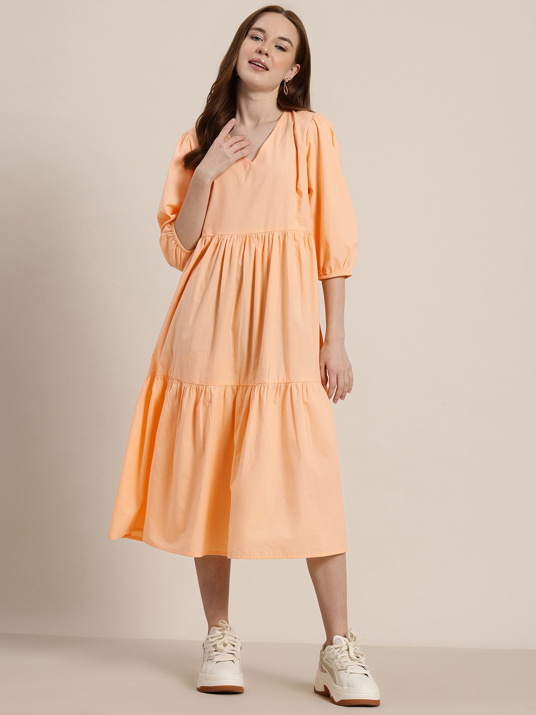 

HERE&NOW Pure Cotton A-Line Midi Dress, Peach