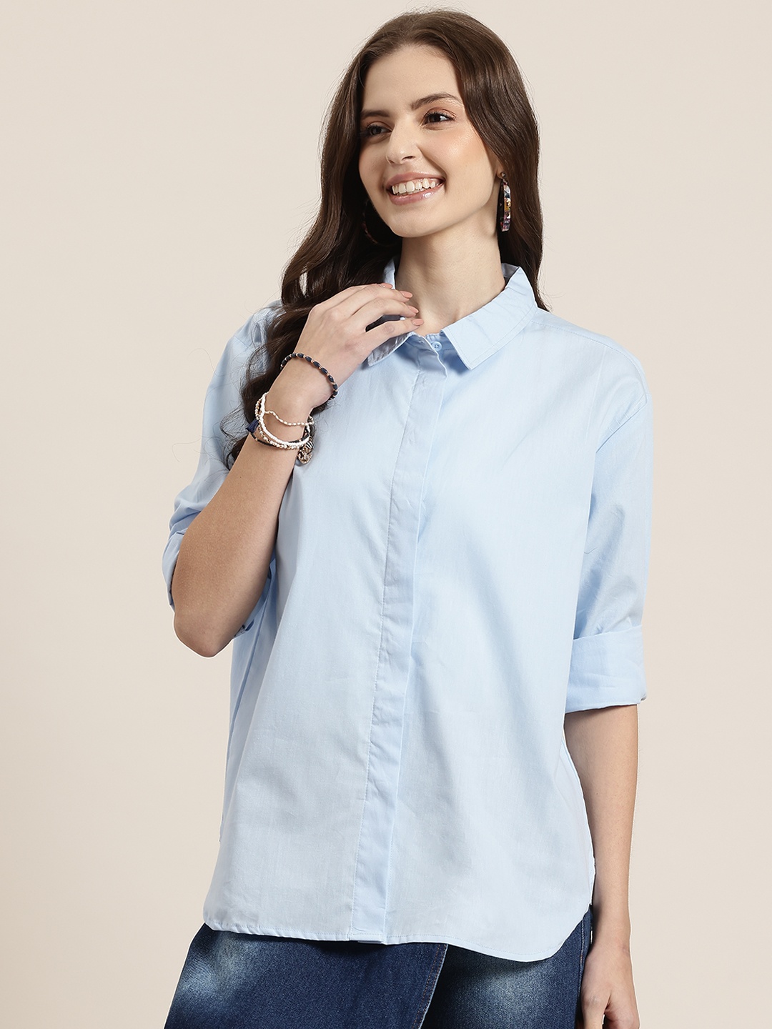 

HERE&NOW Chill Mode Pure Cotton Drop-Shoulder Sleeves Regular Fit Shirt, Blue