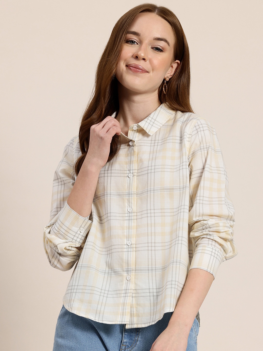 

HERE&NOW Women Pure Cotton Checked Shirt, White