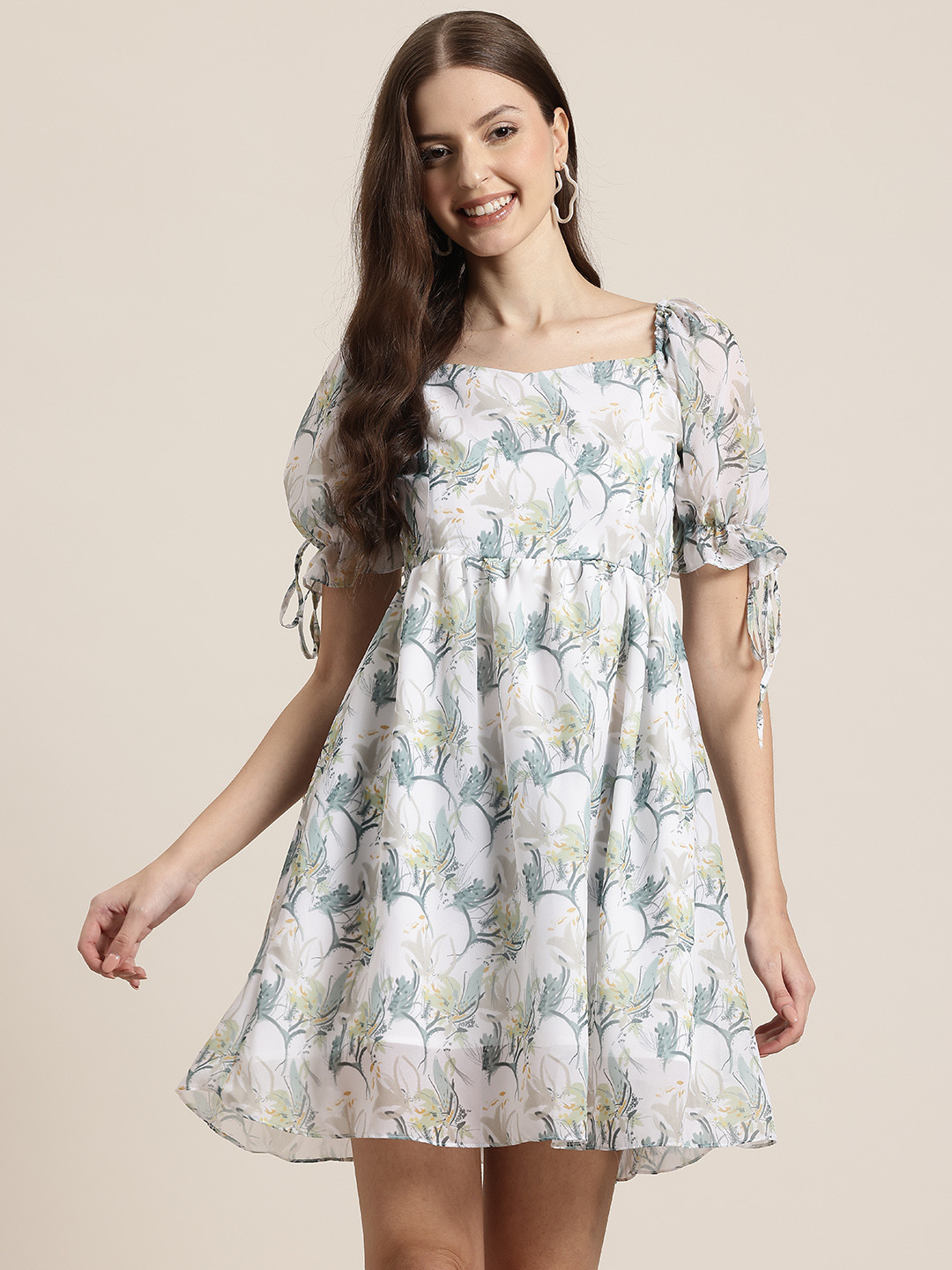 

HERE&NOW Printed Puff Sleeve A-Line Mini Dress, White
