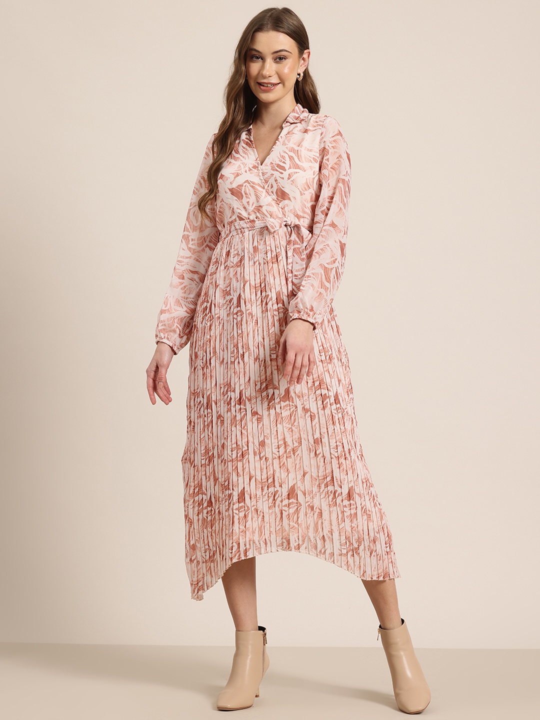 

HERE&NOW Floral Print Accordion Pleat A-Line Midi Dress, Brown