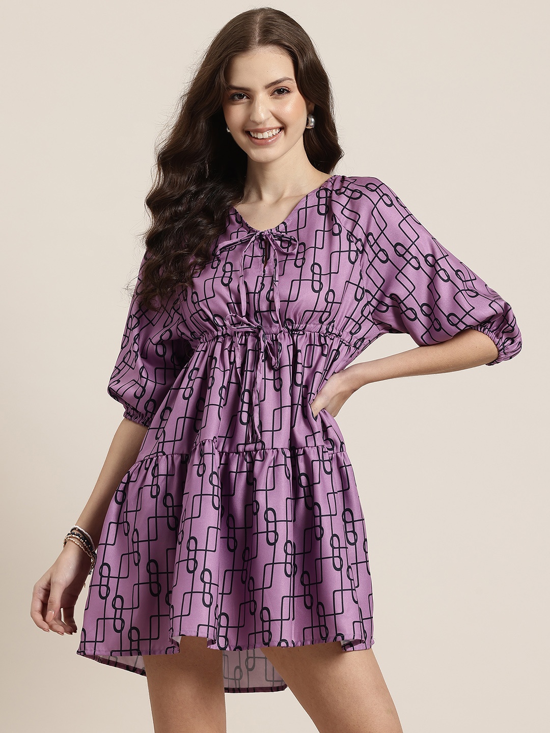 

HERE&NOW Puff Sleeve Fit & Flare Dress, Purple