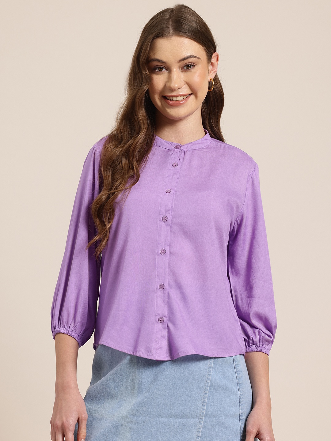 

HERE&NOW Women Band Collar Casual Shirt, Purple