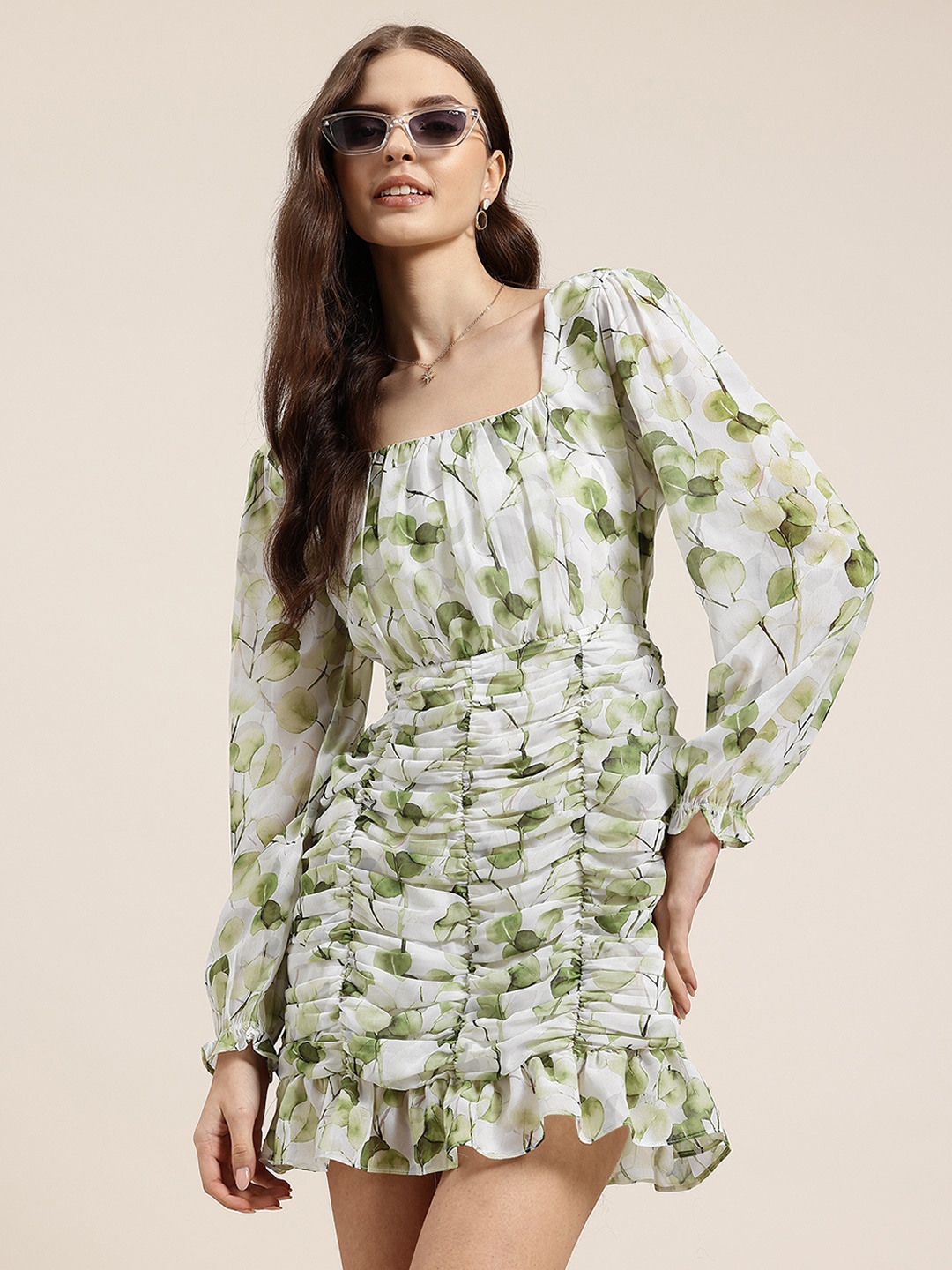 

HERE&NOW Floral Print Puff Sleeve Ruched Mini Dress, White