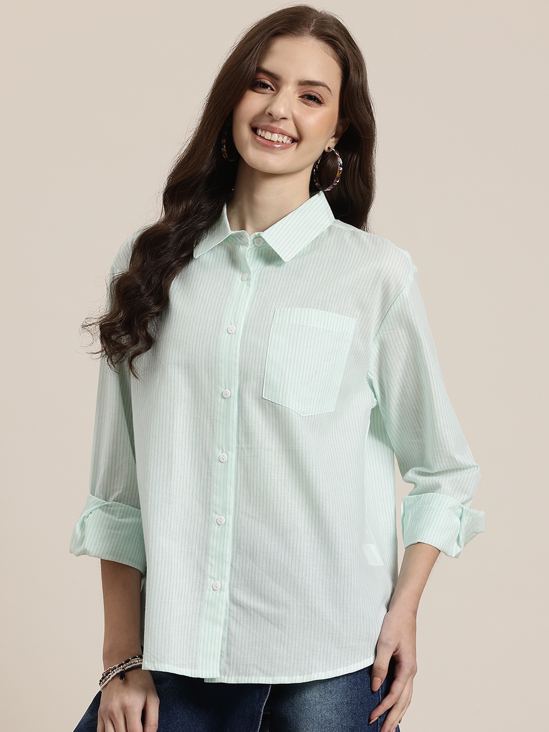 

HERE&NOW Striped Pure Cotton Shirt, Green