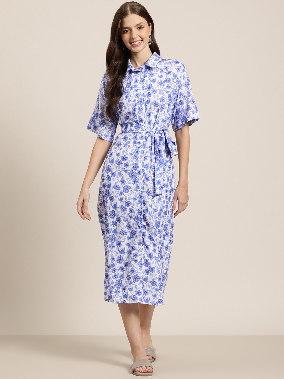

HERE&NOW Floral Print Shirt Midi Dress with Belt, Blue