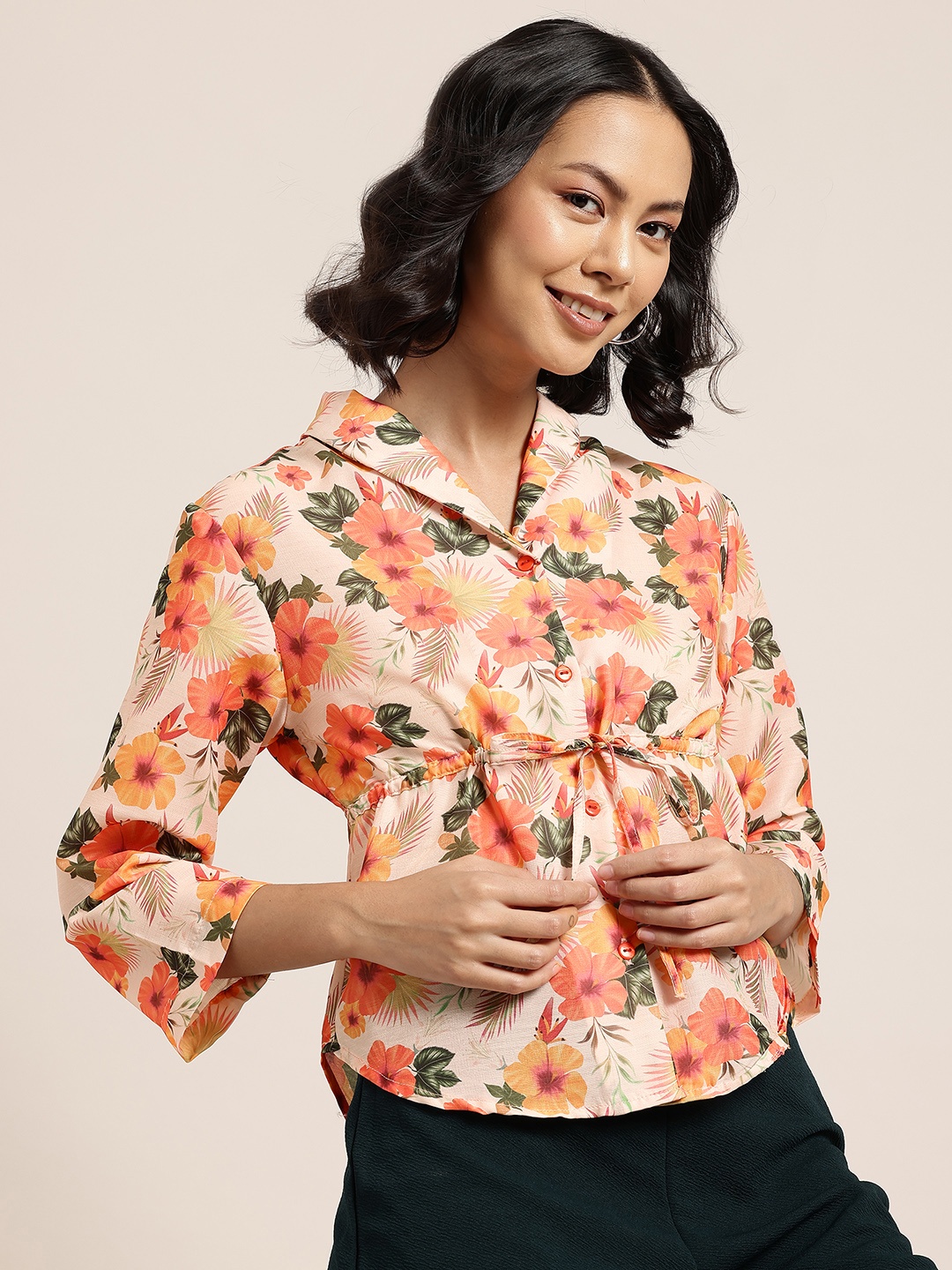 

HERE&NOW Floral Print Flared Sleeve Shirt Style Top, Beige