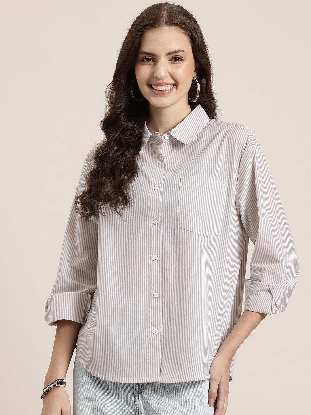 

HERE&NOW Striped Pure Cotton Shirt, Brown