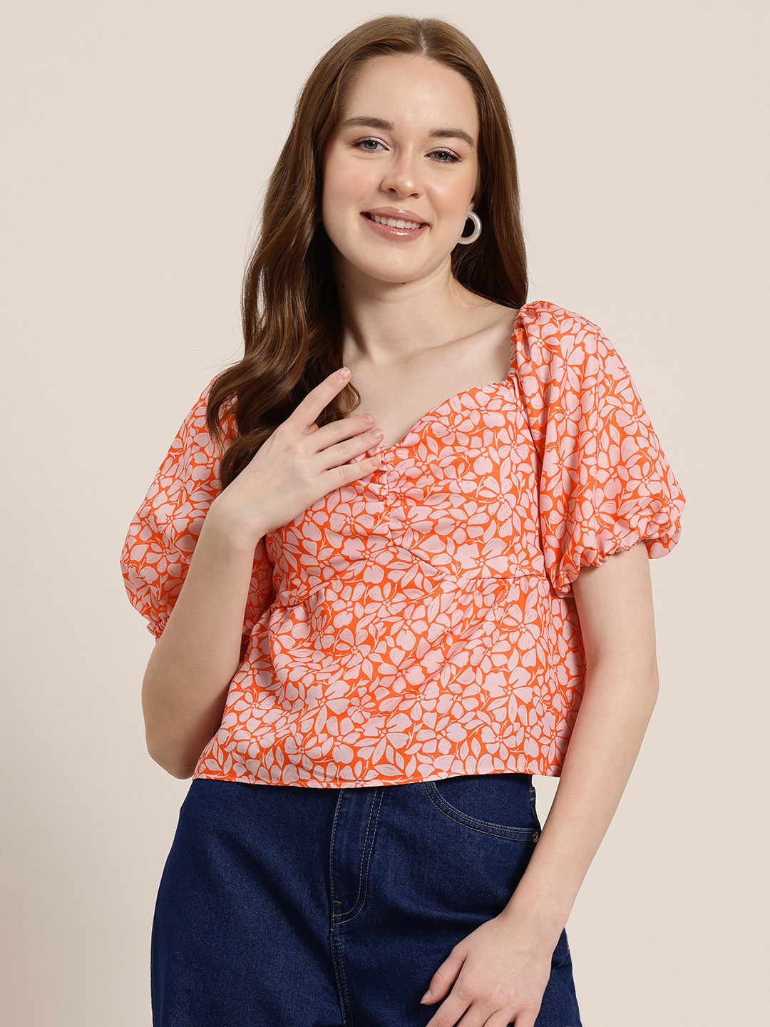

HERE&NOW Floral Print Sweetheart Neck Styled Back Top, Orange