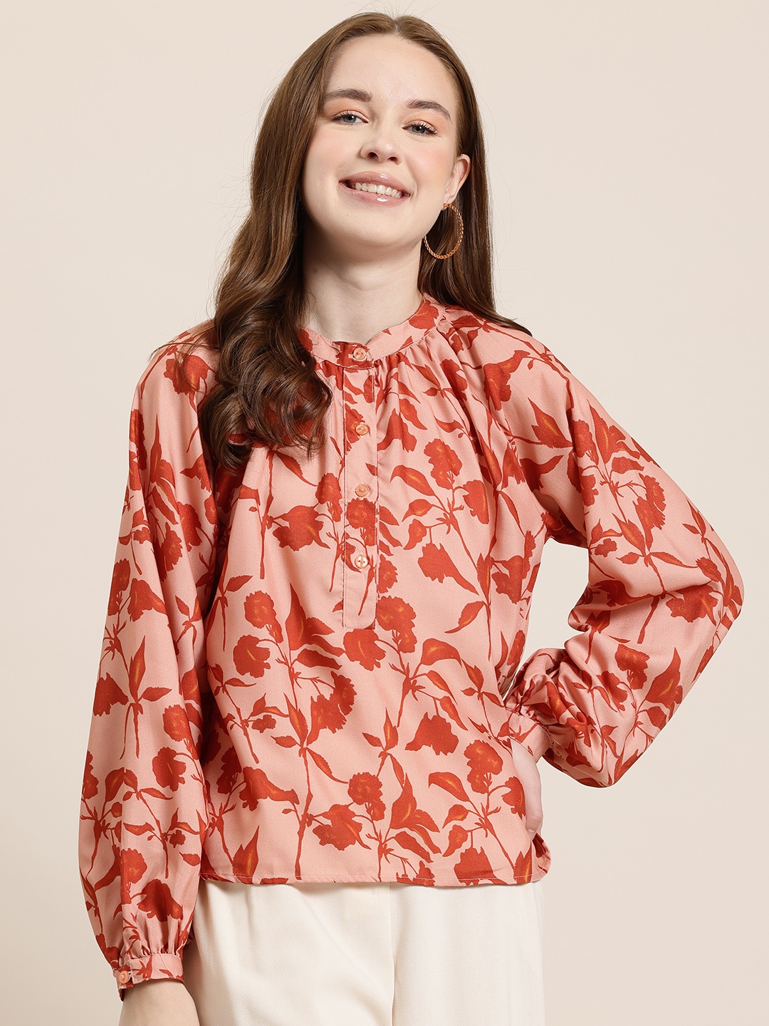 

HERE&NOW Floral Print Shirt Style Top, Peach
