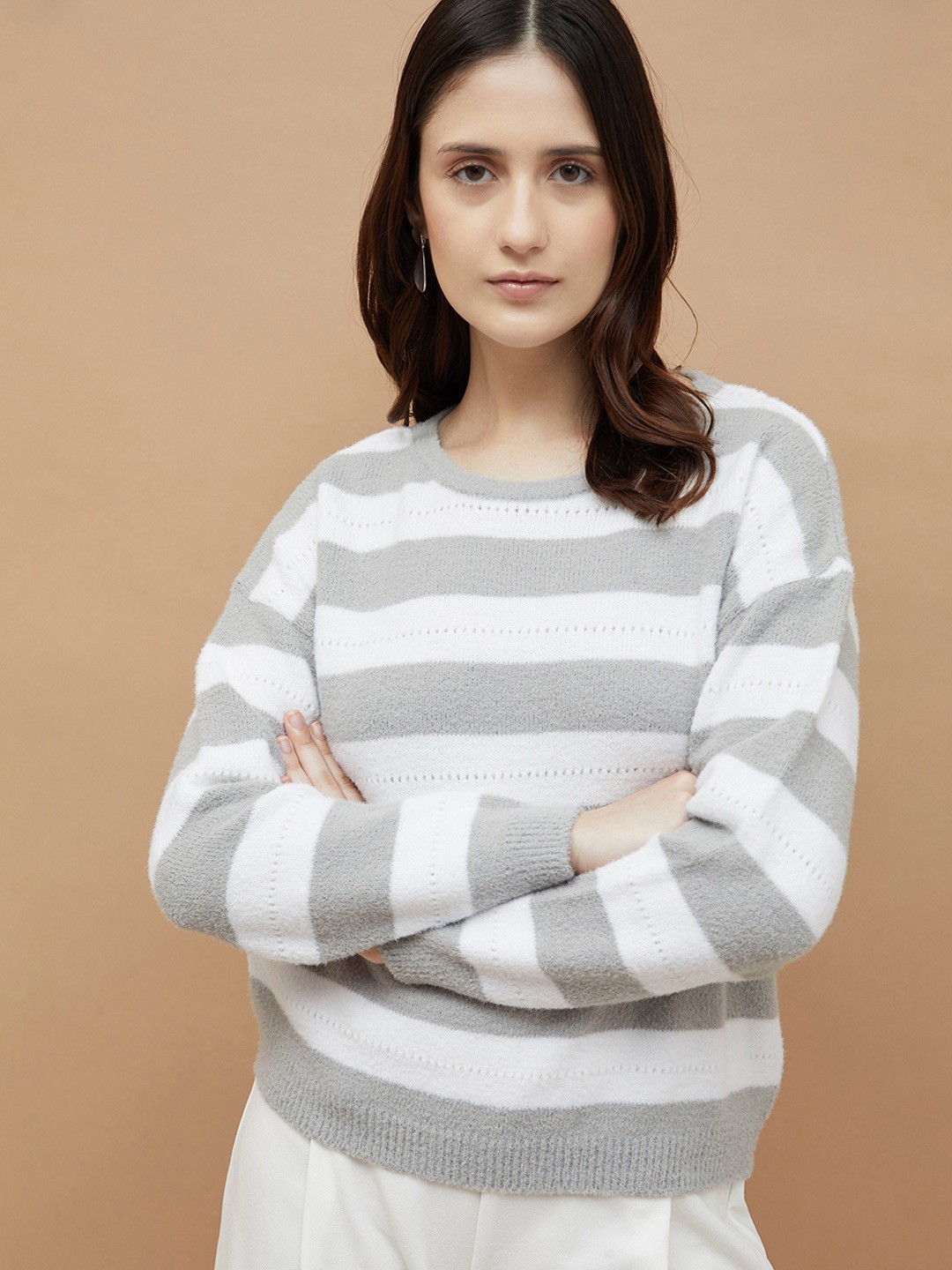 

CODE by Lifestyle Women Striped Pullover Sweatshirt, Grey